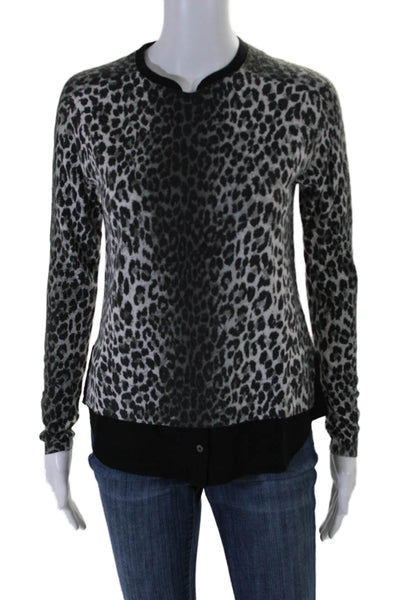 Joie Womens Leopard Print Long Sleeve Crewneck 2fer Knit Top Gray Black Size 2XS