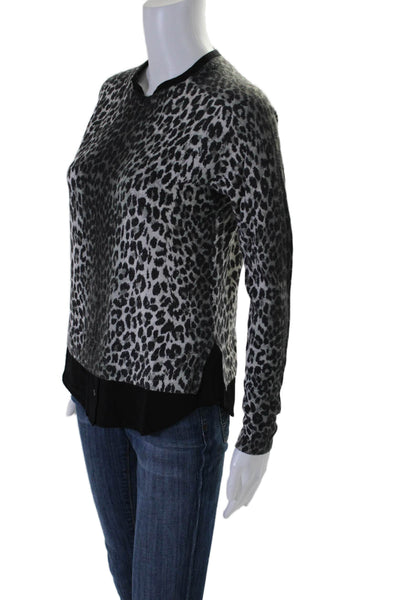 Joie Womens Leopard Print Long Sleeve Crewneck 2fer Knit Top Gray Black Size 2XS