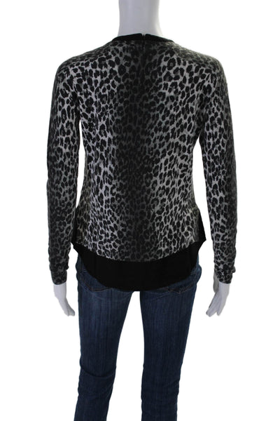 Joie Womens Leopard Print Long Sleeve Crewneck 2fer Knit Top Gray Black Size 2XS