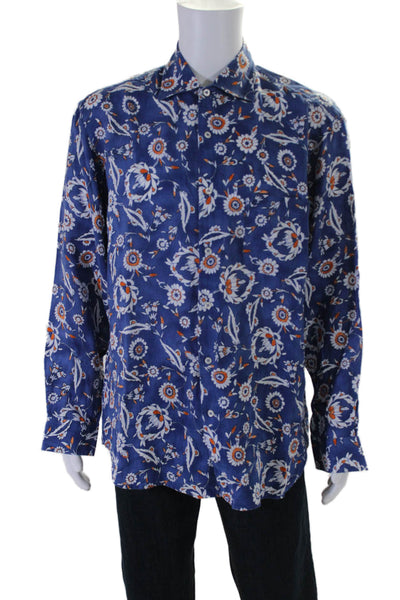 Zegna Sport Mens Linen Floral Print Long Sleeve Button Down Shirt Blue Size L