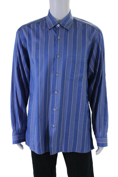 Ermenegildo Zegna Mens Cotton Striped Print Button Down Shirt Top Blue Size L