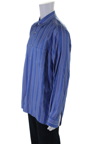 Ermenegildo Zegna Mens Cotton Striped Print Button Down Shirt Top Blue Size L