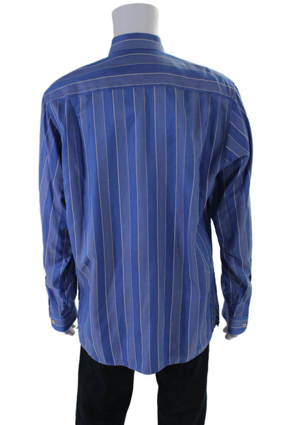 Ermenegildo Zegna Mens Cotton Striped Print Button Down Shirt Top Blue Size L