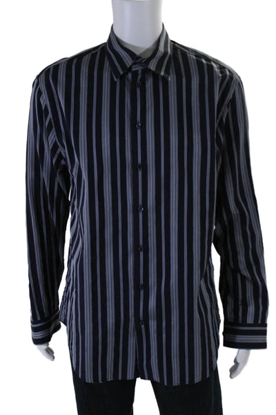 Armani Collezioni Mens Cotton Striped Print Button Down Dress Shirt Blue Size XL