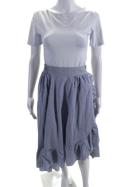 Maje Womens Striped Elastic Waist Ruffle Trim High Low Skirt Blue Size 2