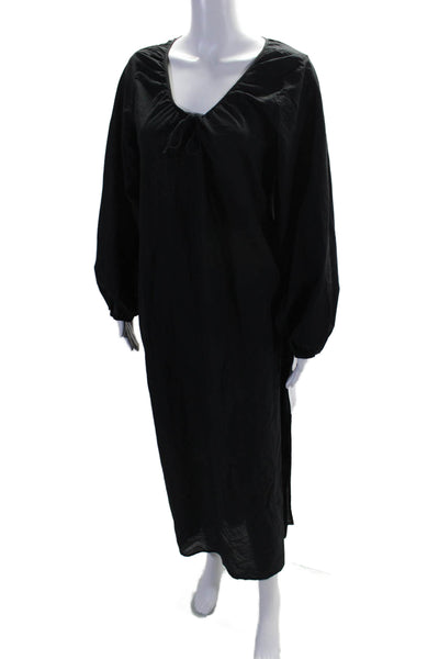 Skin Womens Cotton Long Sleeve V Neck Maxi Slit Coverup Dress Black Size M