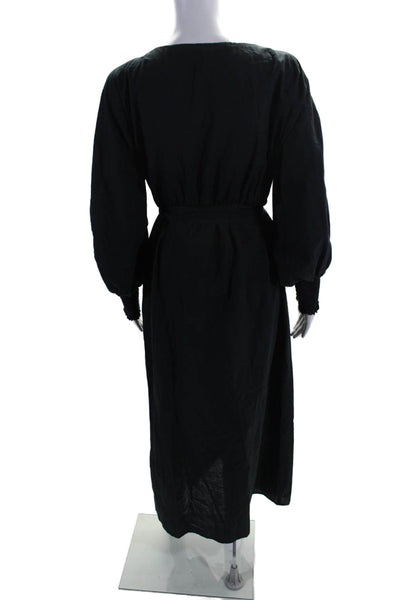 Simon Brock Womens Cotton Long Sleeve V Neck Wrap Dress Black Size M