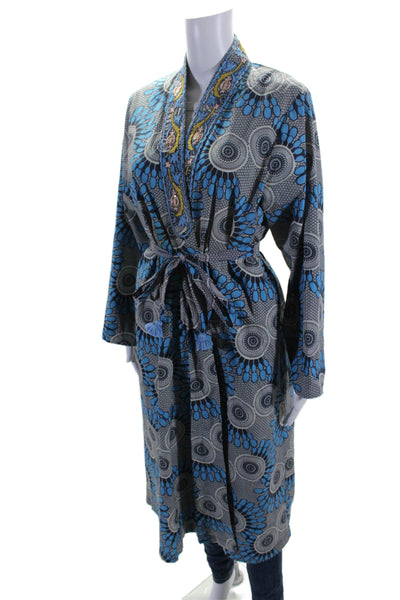 Figue Womens Cotton Embroidered Abstract Print Tie Waist Cardigan Blue Size OS