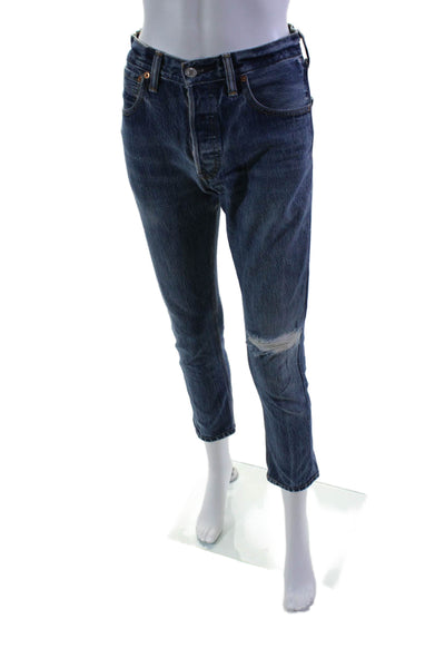 Re/Done Women's High Waist Distress Medium Wash Straight Leg Denim Pants Size 24