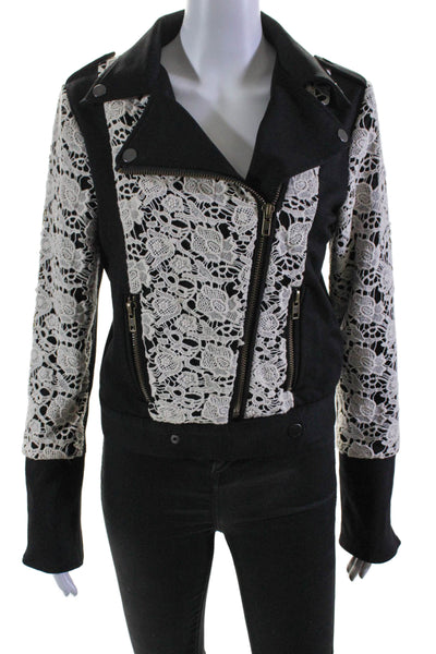 Chaser Womens Patchwork Battenberg Lace Zipped Collared Jacket Black Size S