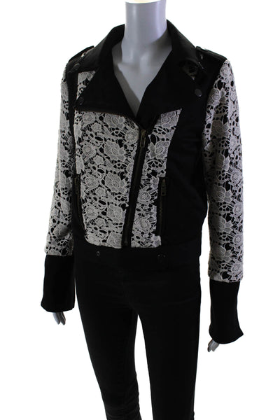 Chaser Womens Patchwork Battenberg Lace Zipped Collared Jacket Black Size S