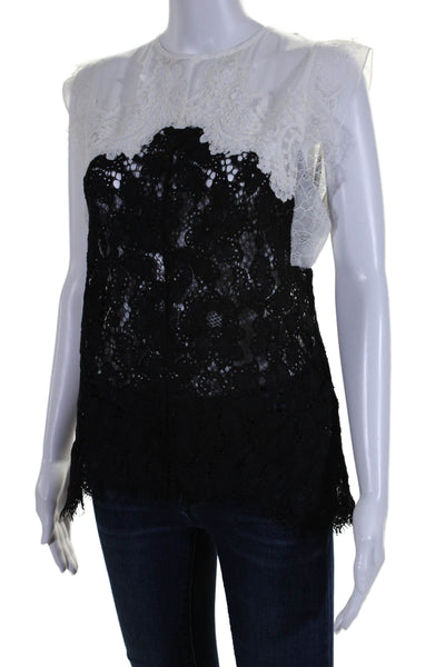 Sandro Womens Lace Short Sleeves Crew Neck Blouse Black White Cotton Size 1