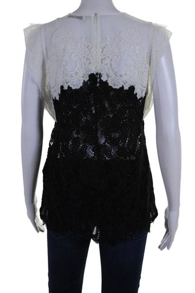 Sandro Womens Lace Short Sleeves Crew Neck Blouse Black White Cotton Size 1