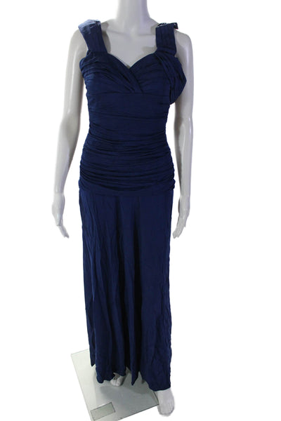 BCBGMAXAZRIA Womens Blue Ruched Detail V-neck Sleeveless Gown Dress Size 4