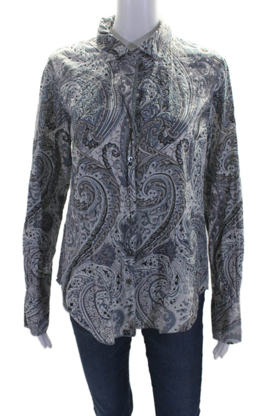 Cino Womens Cotton Paisley Print Collared Button Up Blouse Top Blue Size M