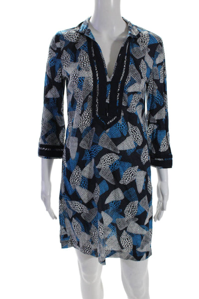 Tory Burch Womens Printed Long Sleeves Tunic Dress Navy Blue White Size 2