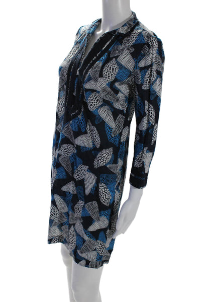 Tory Burch Womens Printed Long Sleeves Tunic Dress Navy Blue White Size 2