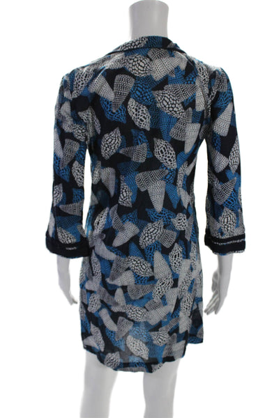 Tory Burch Womens Printed Long Sleeves Tunic Dress Navy Blue White Size 2