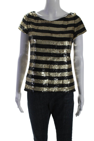 Alice + Olivia Womens Sequined Striped Short Sleeves Blouse Black Gold Size Smal