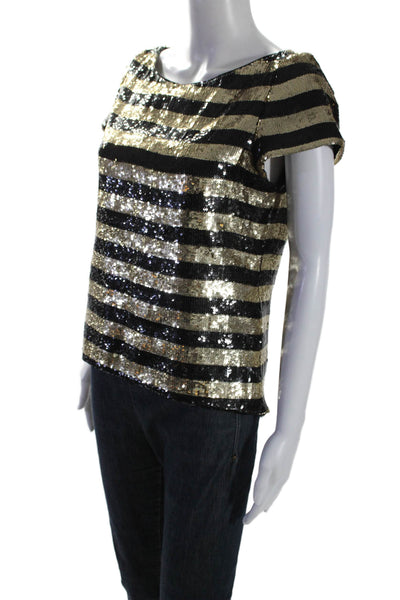 Alice + Olivia Womens Sequined Striped Short Sleeves Blouse Black Gold Size Smal