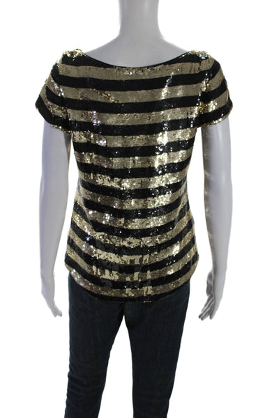 Alice + Olivia Womens Sequined Striped Short Sleeves Blouse Black Gold Size Smal