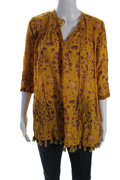 Roller Rabbit Womens Floral Print Blouse Yellow Purple Cotton Size Extra Small