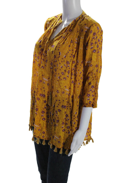 Roller Rabbit Womens Floral Print Blouse Yellow Purple Cotton Size Extra Small