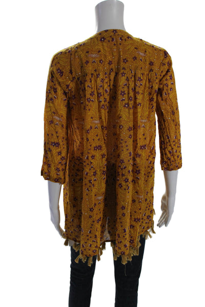 Roller Rabbit Womens Floral Print Blouse Yellow Purple Cotton Size Extra Small