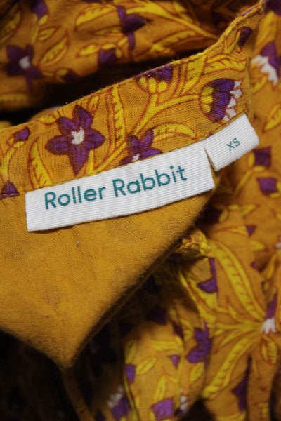 Roller Rabbit Womens Floral Print Blouse Yellow Purple Cotton Size Extra Small