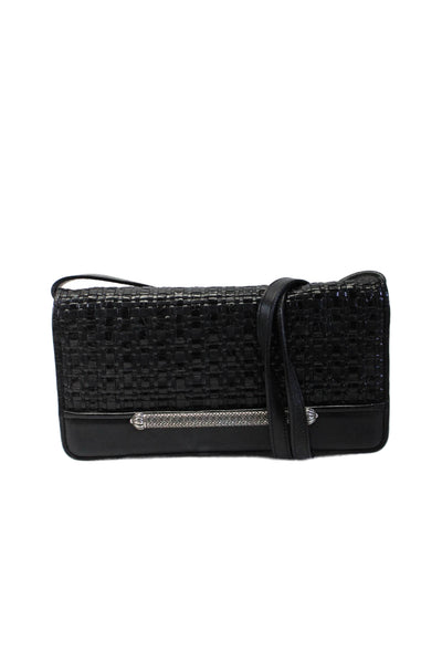 Brighton Womens Single Strap Woven Flap Wallet Shoulder Handbag Black Leather