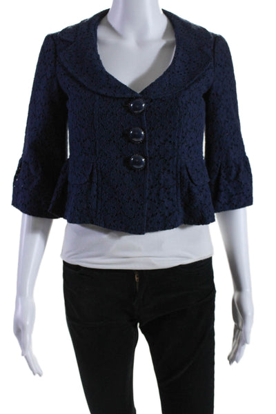 Nanette Lepore Womens Two Button Collared Half Sleeve Lace Jacket Navy Size 0