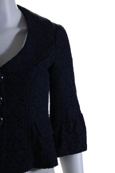 Nanette Lepore Womens Two Button Collared Half Sleeve Lace Jacket Navy Size 0