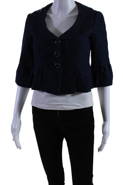 Nanette Lepore Womens Two Button Collared Half Sleeve Lace Jacket Navy Size 0