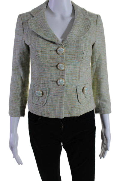 Nanette Lepore Womens Three Button Collared Knit Jacket Green Cotton Size 0