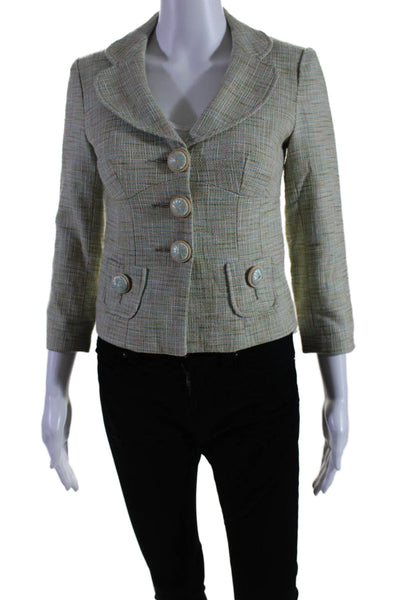 Nanette Lepore Womens Three Button Collared Knit Jacket Green Cotton Size 0