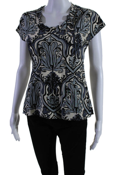 Nanette Lepore Womens Short Sleeve Scoop Neck Printed Silk Top White Gray Size 0