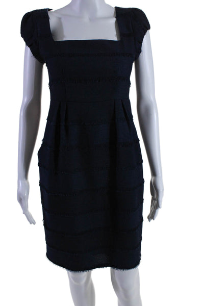 Nanette Lepore Womens Back Zip Cap Sleeve Square Neck Fringe Dress Navy Size 0