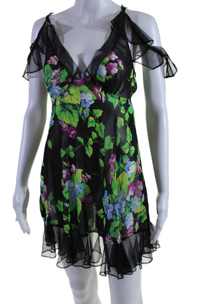 Betsey Johnson Womens Sleeveless V Neck Floral Sheer Mesh Cover Up Black Small