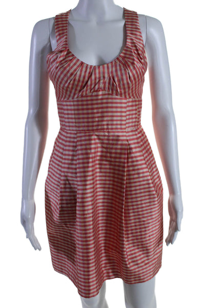 Nanette Lepore Womens Back Zip Scoop Neck Silk Gingham Dress Orange Size 0