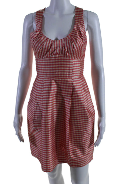 Nanette Lepore Womens Back Zip Scoop Neck Silk Gingham Dress Orange Size 0