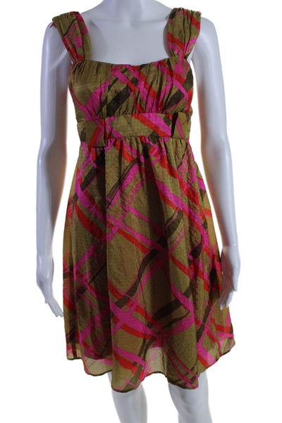 Nanette Lepore Womens Back Zip Sleeveless Abstract Silk Dress Brown Pink Size 0