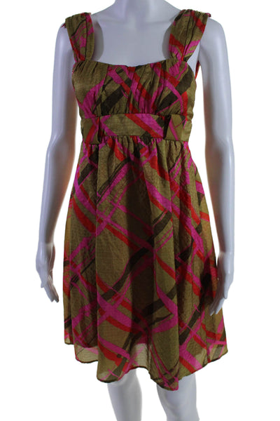 Nanette Lepore Womens Back Zip Sleeveless Abstract Silk Dress Brown Pink Size 0