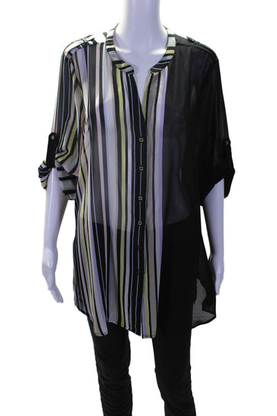 Calvin Klein Womens Striped Long Sleeve Button Up Blouse Top Black Size L