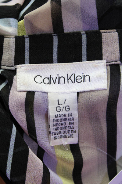 Calvin Klein Womens Striped Long Sleeve Button Up Blouse Top Black Size L