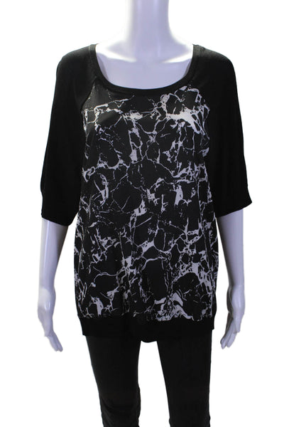 Calvin Klein Womens Abstract Round Neck Short Sleeve Blouse Top Black Size L