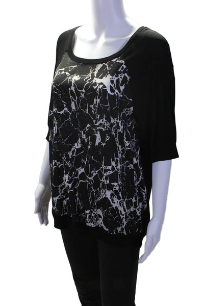 Calvin Klein Womens Abstract Round Neck Short Sleeve Blouse Top Black Size L