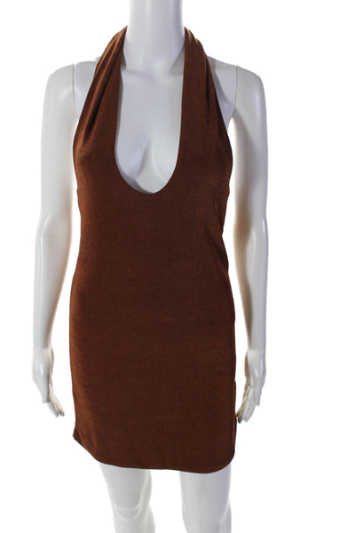 With Jean Womens Jersey Open Back Sleeveless Mini Halter Dress Brown Size XS