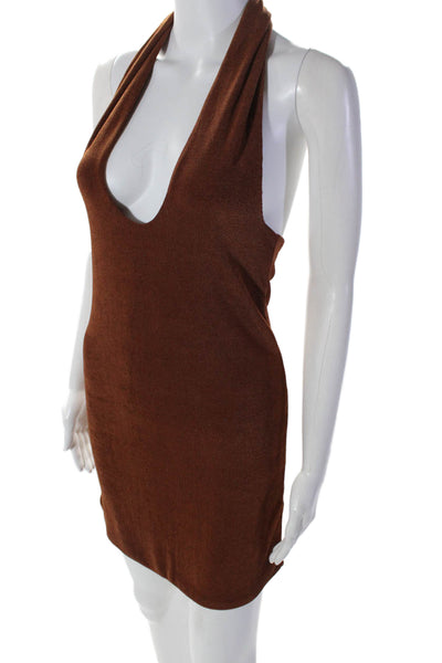 With Jean Womens Jersey Open Back Sleeveless Mini Halter Dress Brown Size XS