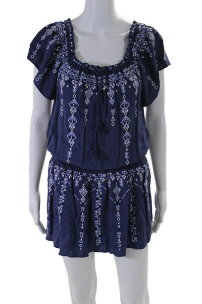 Parker Womens Short Sleeve Off Shoulder Embroidered Dress Blue Size Small