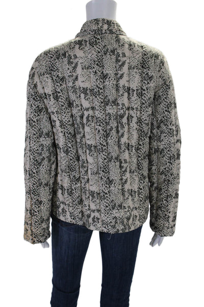 ATM Womens Button Front Snakeskin Printed Down Quilted Jacket White Green Small